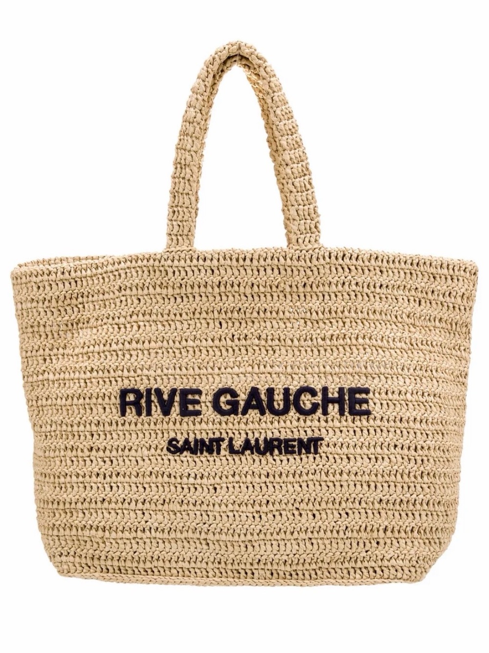 Saint Laurent Beige Straw Rive Gauche Tote with Black Logo